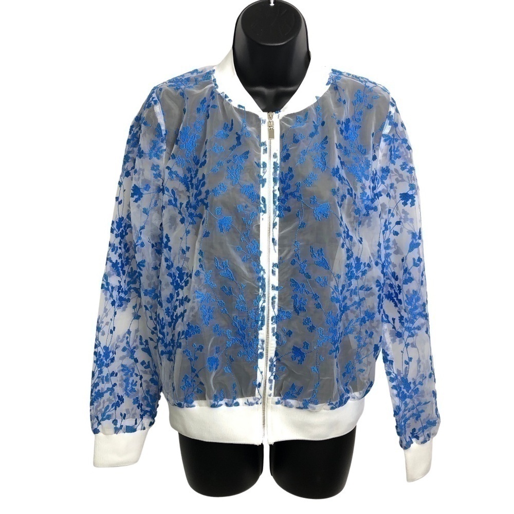 White Mesh See thru Blue Floral Bomber Jacket